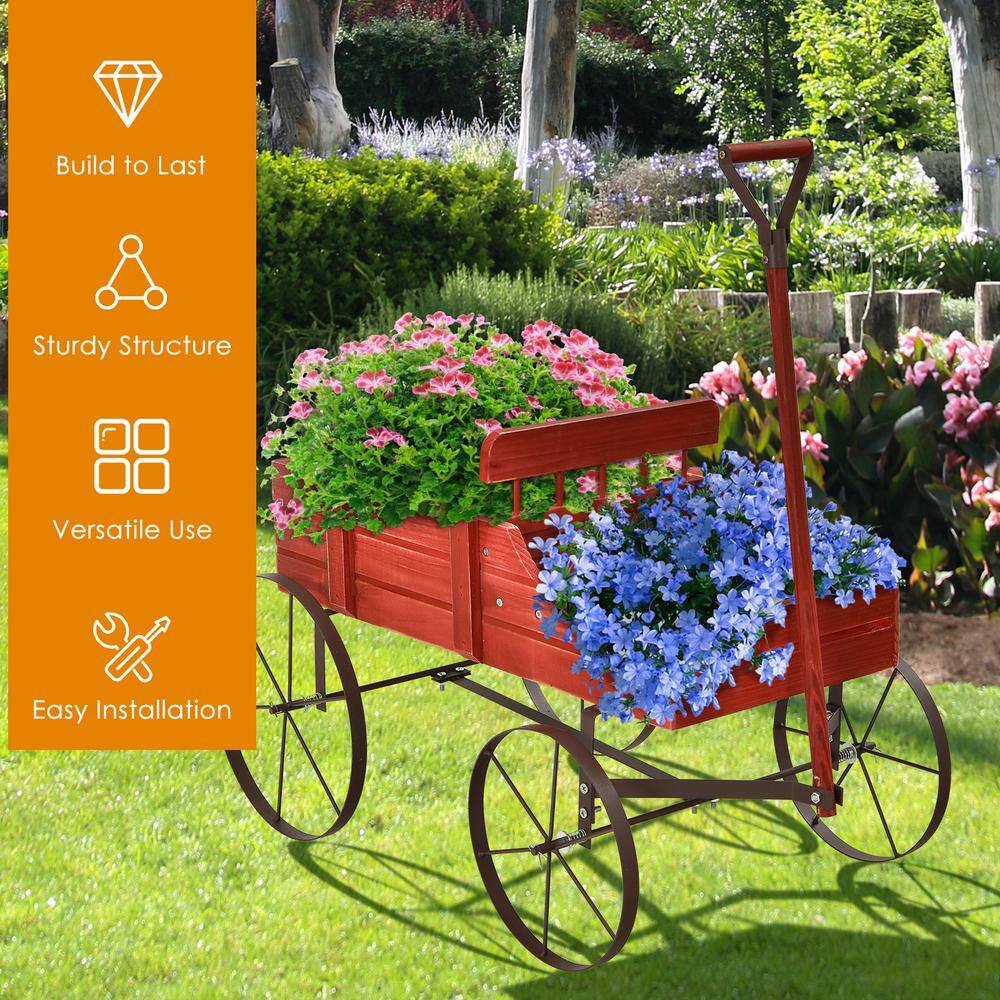 HONEY JOY Wooden Garden Flower Planter Wagon Wheel Plant Bed Decorative Garden Planter for Backyard Garden Red TOPB004891