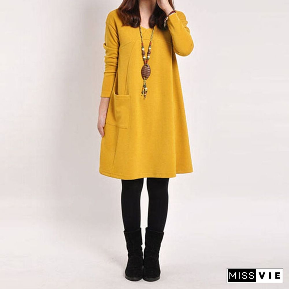 5 color Women Winter Long Loose Casual Cotton Pregnancy Dress Sleeve Pocket Tunic Tops