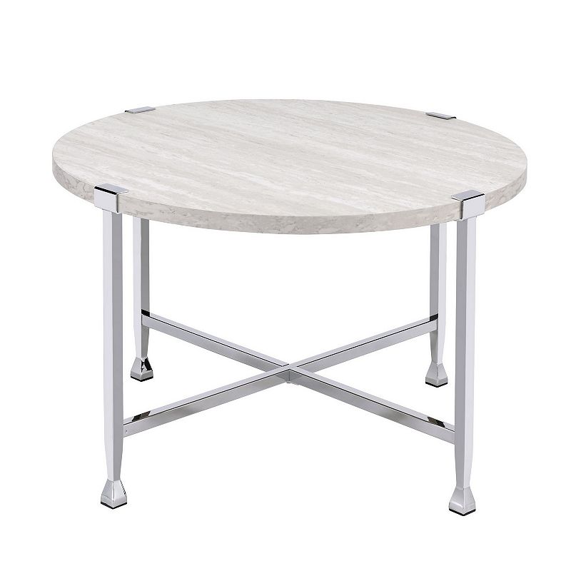 Coffee Table with X Shaped Metal Base and Round Wooden Top，Silver and Beige