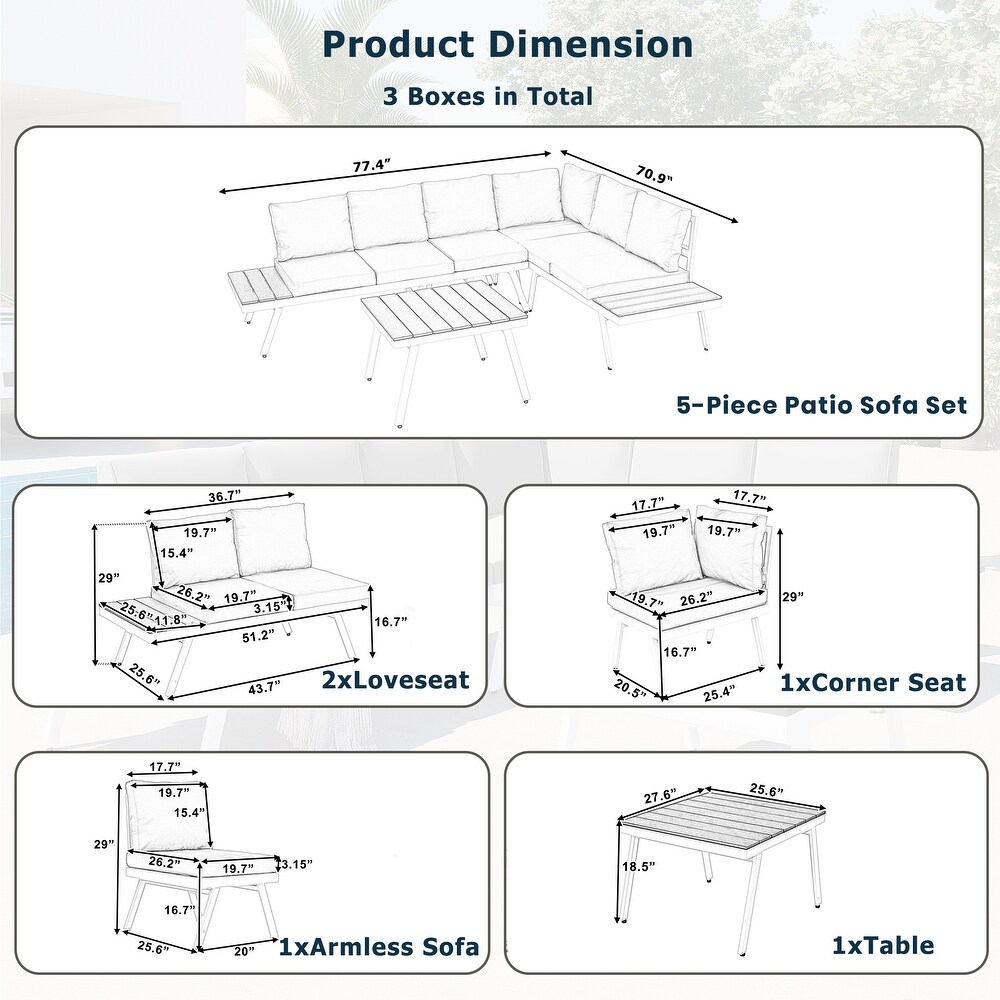 5 Piece Aluminum Outdoor Patio Furniture Set  Modern Garden Sectional Sofa Set with End Coffee Table  for Backyard  Grey