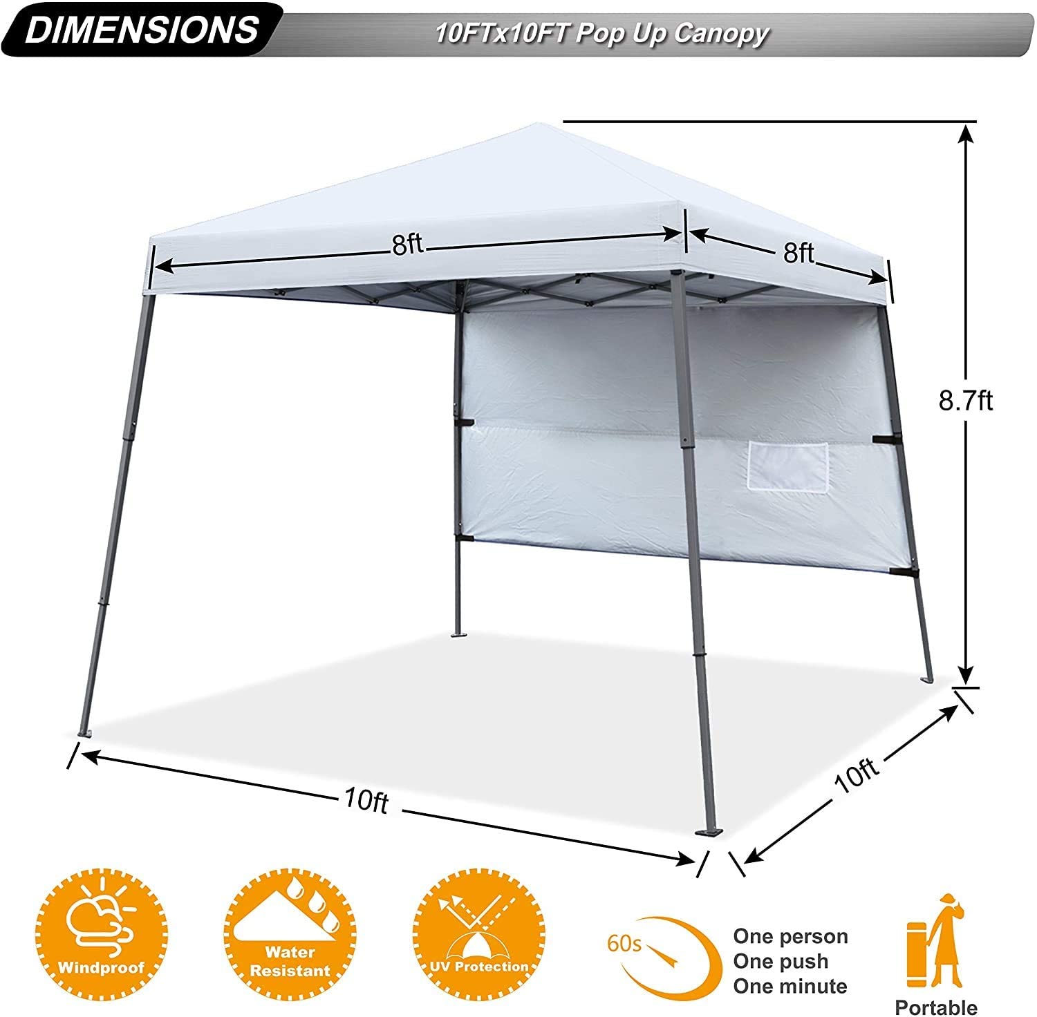 ABCCANOPY 10 ft x 10 ft Outdoor Pop up Slant Leg Canopy Tent with 1 Sun Wall and 1 Backpack Bag - White