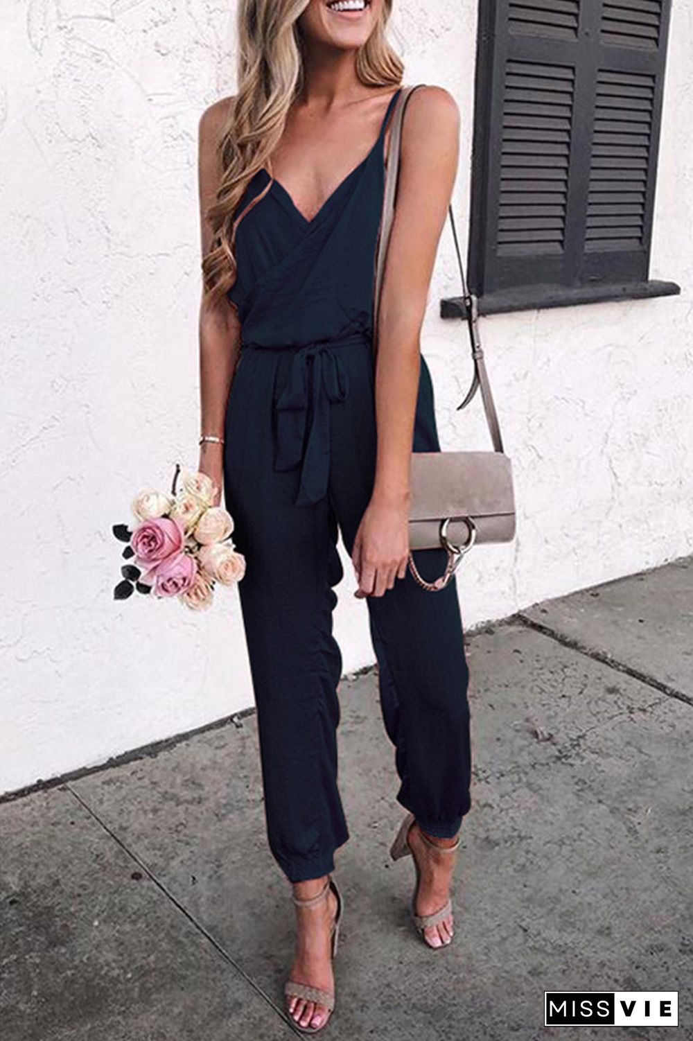 Navy Solid Color Slip Jumpsuit With Belt