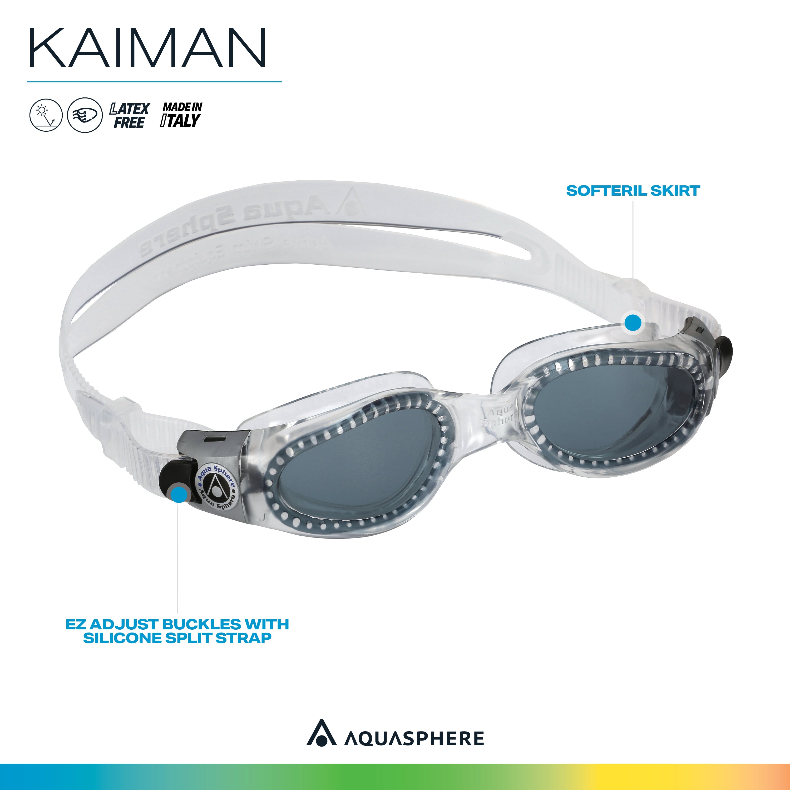 Aquasphere Kaiman Adult Swimming Goggles - The Original Curved Lens Goggle, Comfort & Fit for the Active Swimmer | Unisex Adult, Smoke Lens, Transparent/Transparent Frame