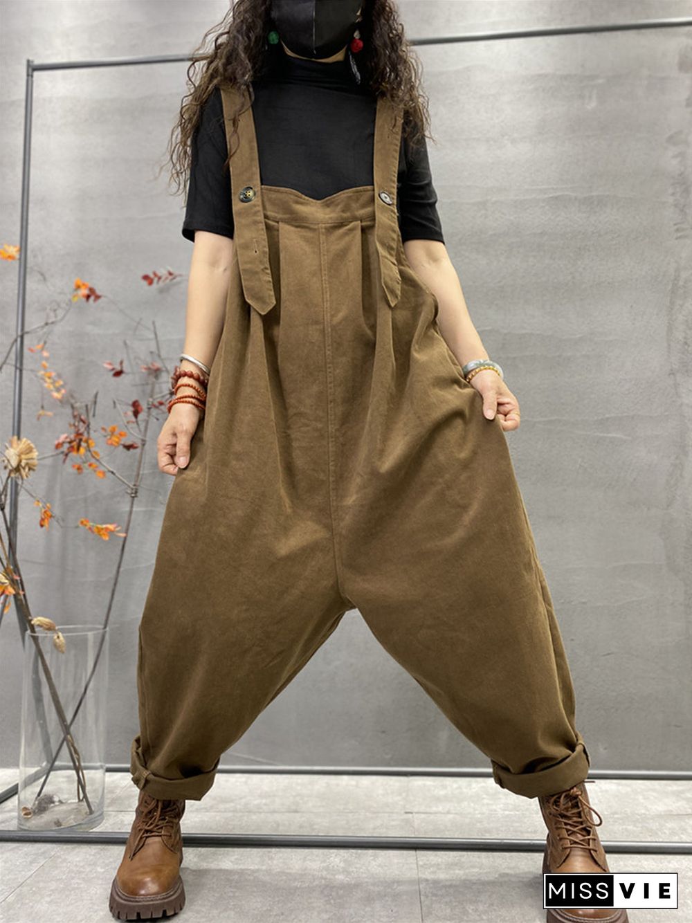 Plus Size Autumn Women Casual Solid Color Loose Jumpsuits