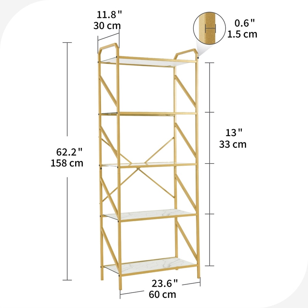 5 Tier Bookshelf 62 inch Tall Gold Metal and Glass Bookcase