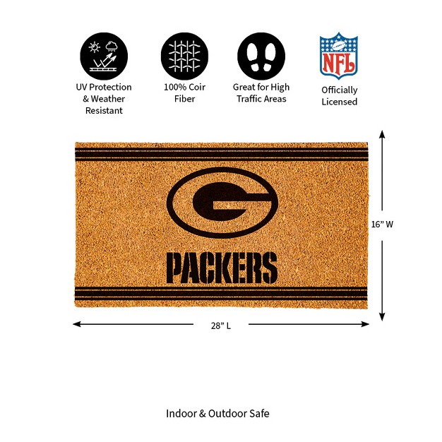 Evergreen Green Bay Packers Logo Turf Mat Brown 28 X 16 Inches Indoor Outdoor Doormat