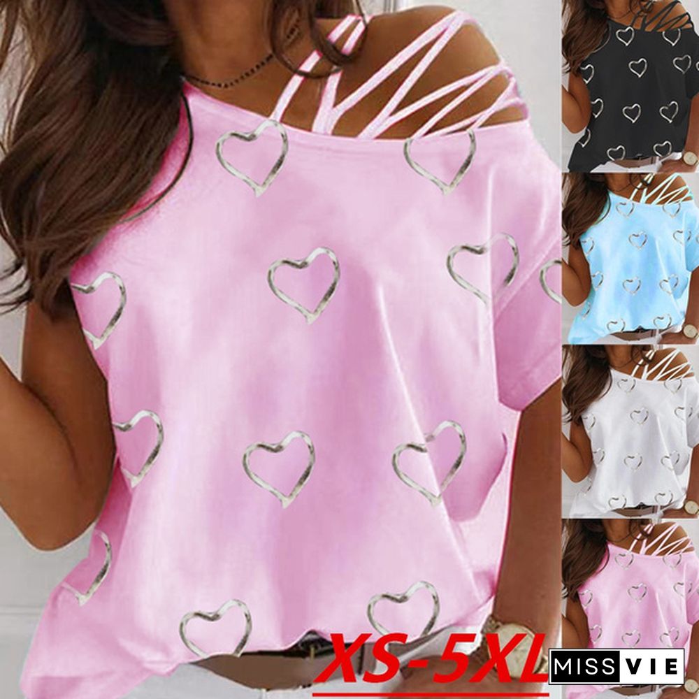 Summer New Fashion Women's Love Printed Cute Short Sleeve Strapless Casual T-shirt Loose Plus Size Soft and Comfortable Top Shirt XS-5XL