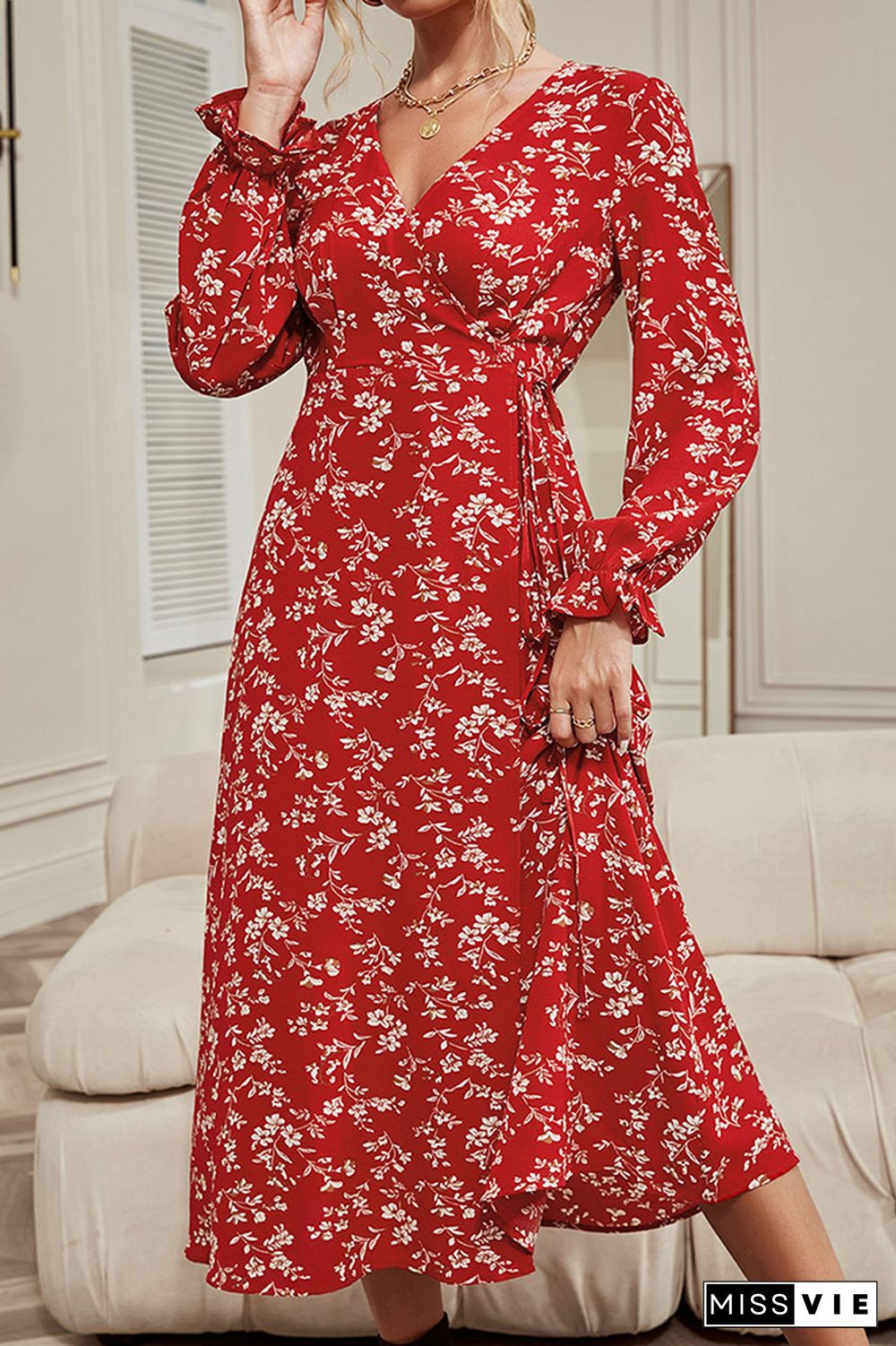 Floral Print V-neck Long Sleeve Dress Women Wholesale