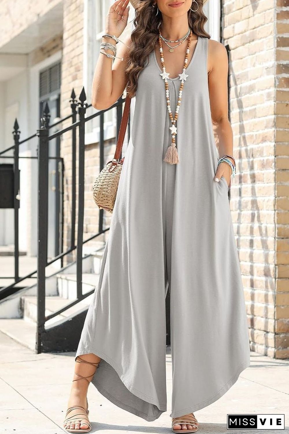 Baggy Grey Plain Sleeveless Jumpsuit