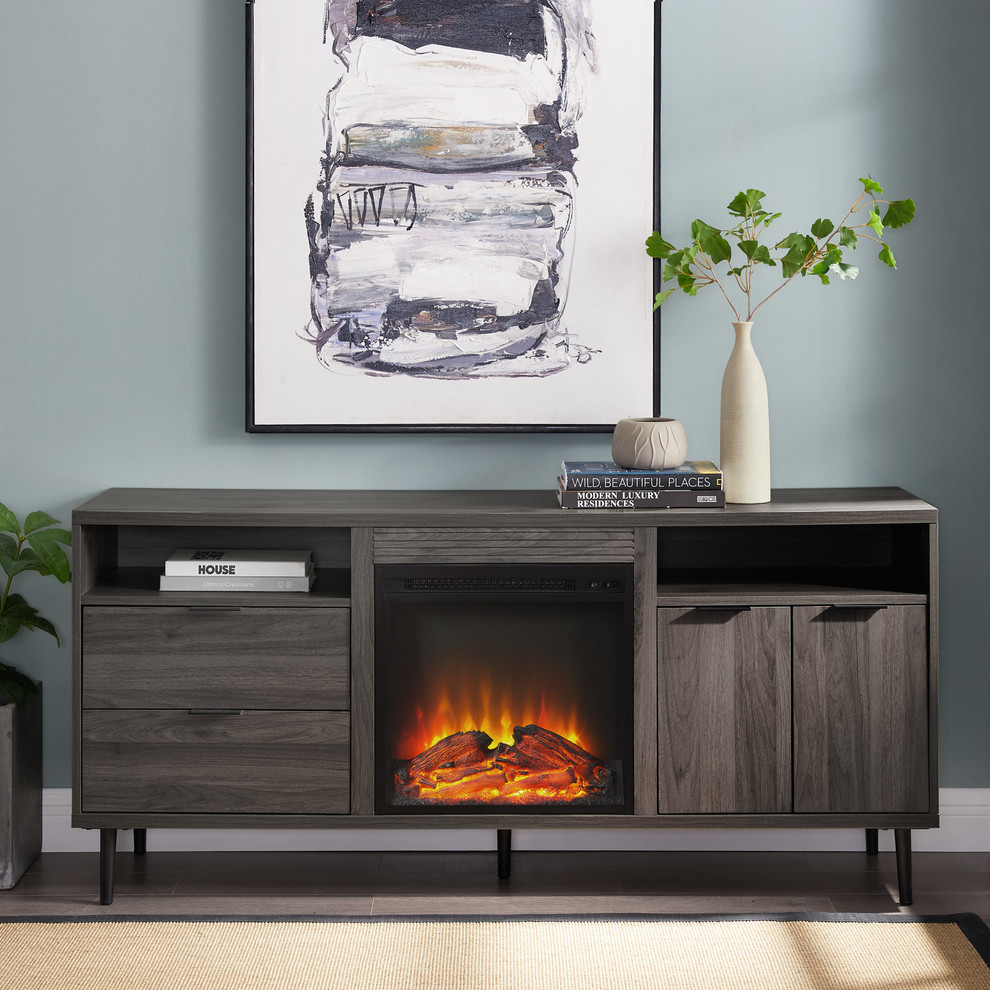 60 quotModern Storage Fireplace Console  Slate Gray   Midcentury   Entertainment Centers And Tv Stands   by Walker Edison  Houzz