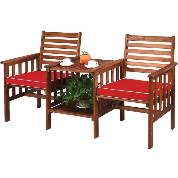 Costway Patio Loveseat Conversation Set Acacia Wood Chair Coffee Table