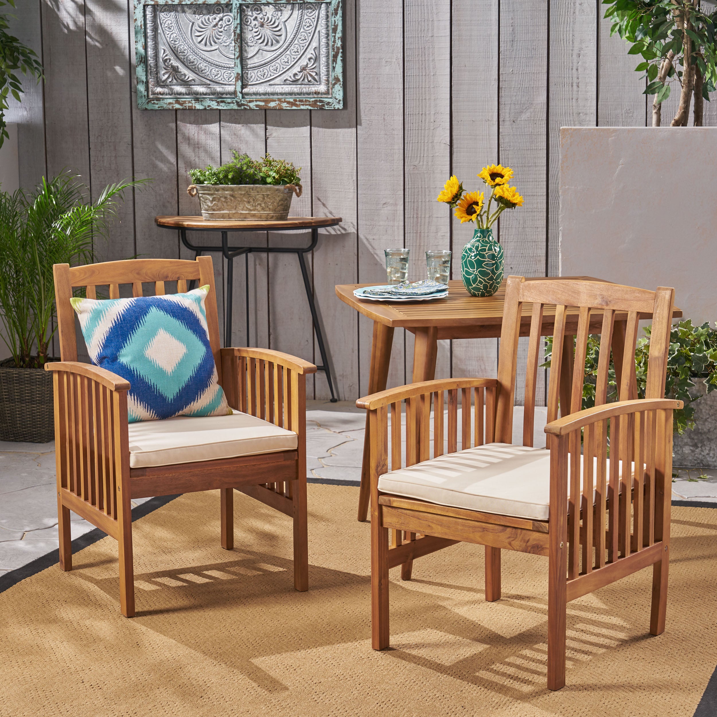 Phoenix Acacia Patio Dining Chairs, Acacia Wood with Outdoor Cushions, (Set of 2)