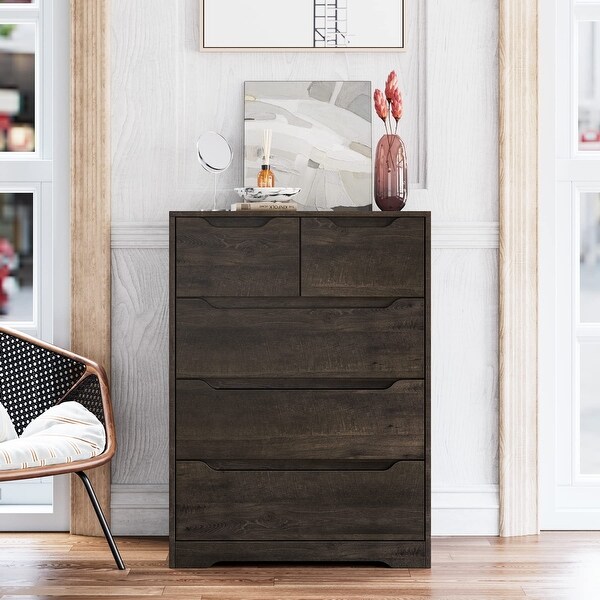 Modern 5 Drawer Dresser， Chest of Drawers with Storage， Wood Clothing Organizer with Cut-Out Handles， Accent Storage Cabinet - - 37668648