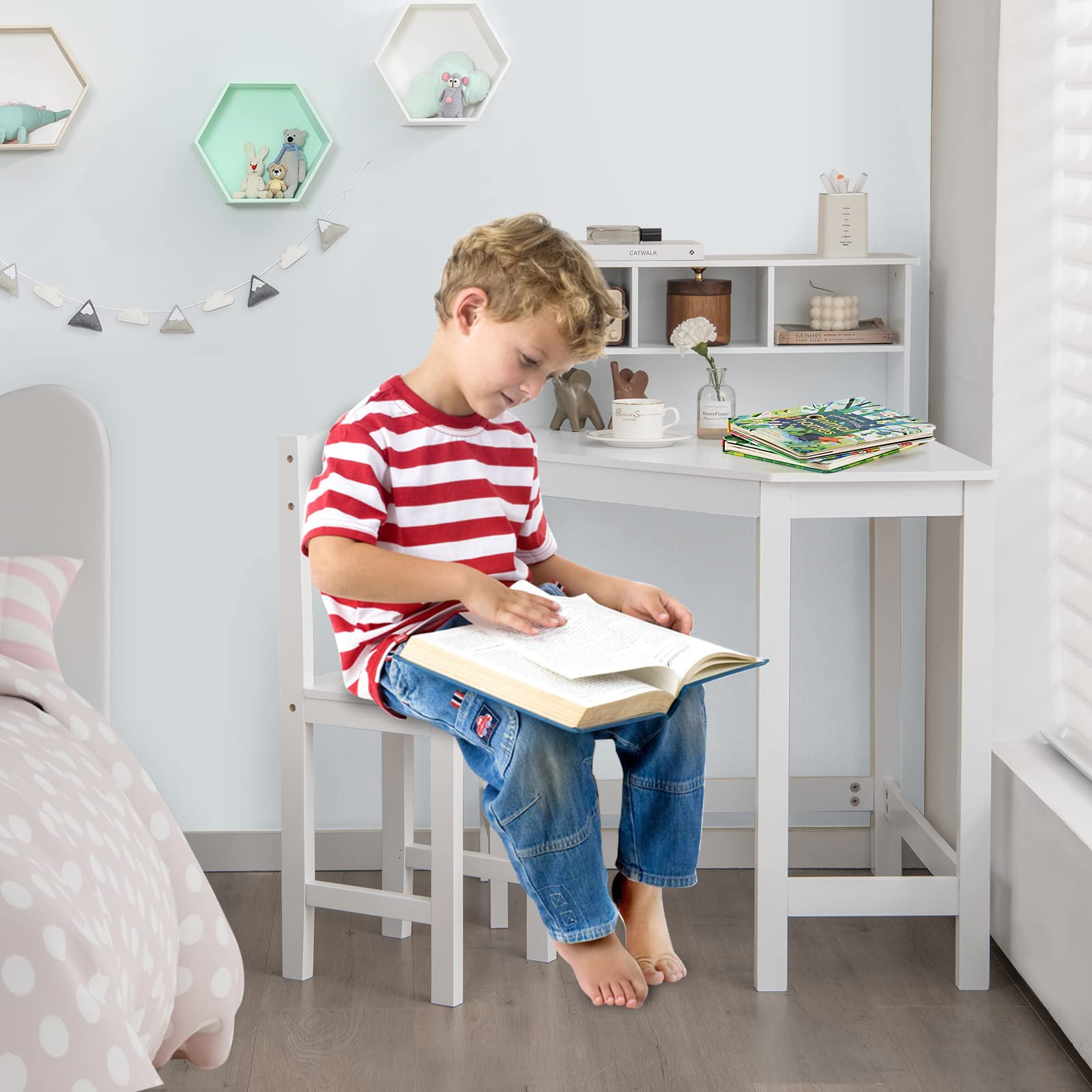 Costzon Kids Desk and Chair Set, Wooden Kids Study Corner Table with Hutch & Bookshelf for Small Space