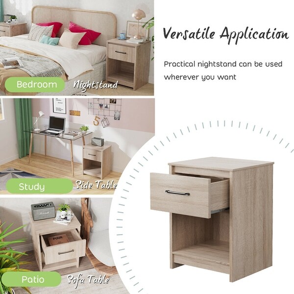 Gymax 2PCS Nightstand with Drawer Storage Shelf Wooden End Side Table