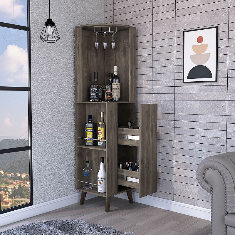 Quinn Corner Bar Cabinet， Two External Shelves， One Drawer， Two Interior Shelves