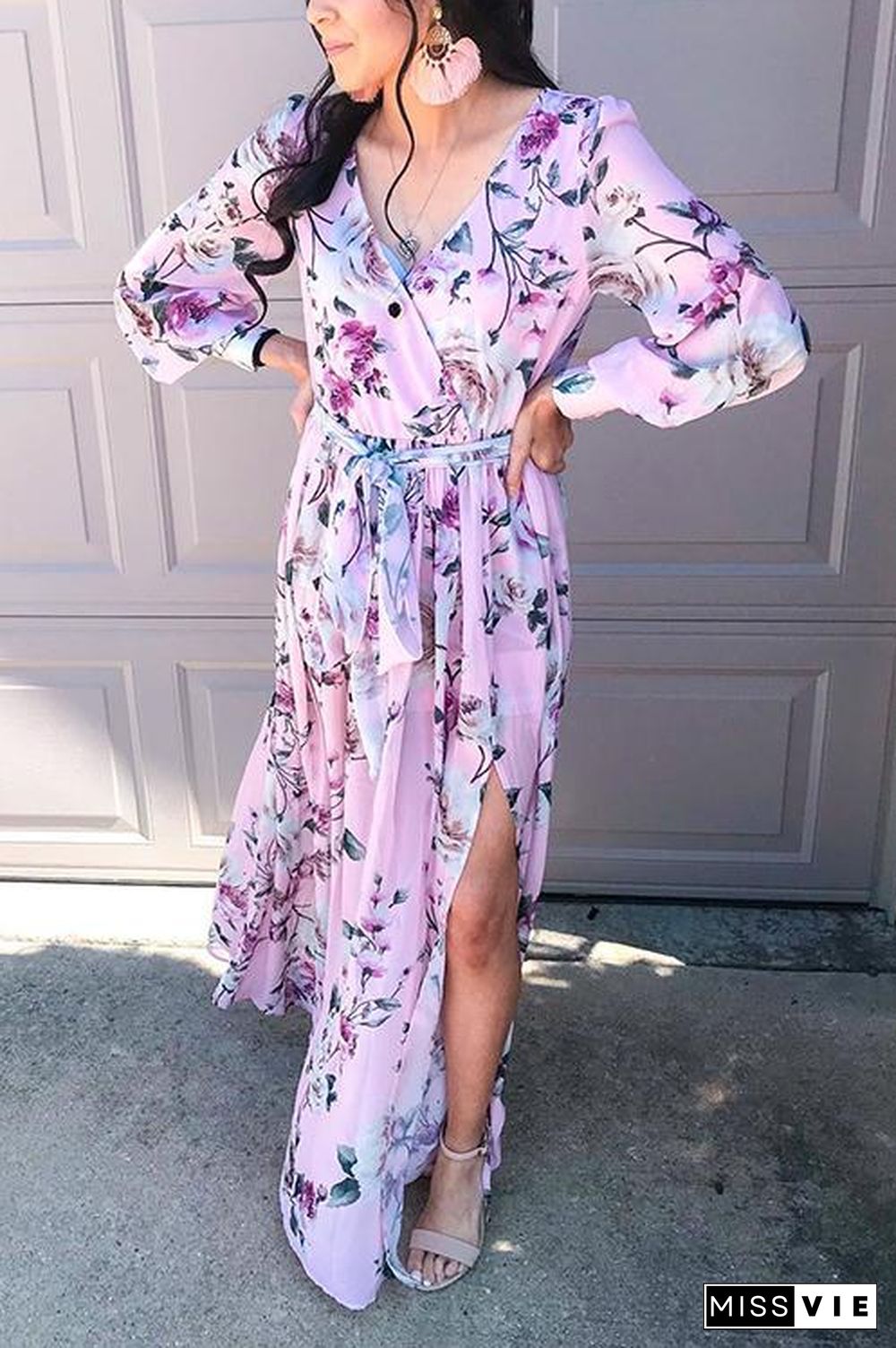 Button Puff Sleeve Belted Maxi Dress