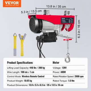 VEVOR 440 lbs. Electric Chain Hoist with Wireless Remote Control 480W 110V Electric Cable Hoist with 40 ft. Lifting Height DDG440LBS52FTRRNJV1