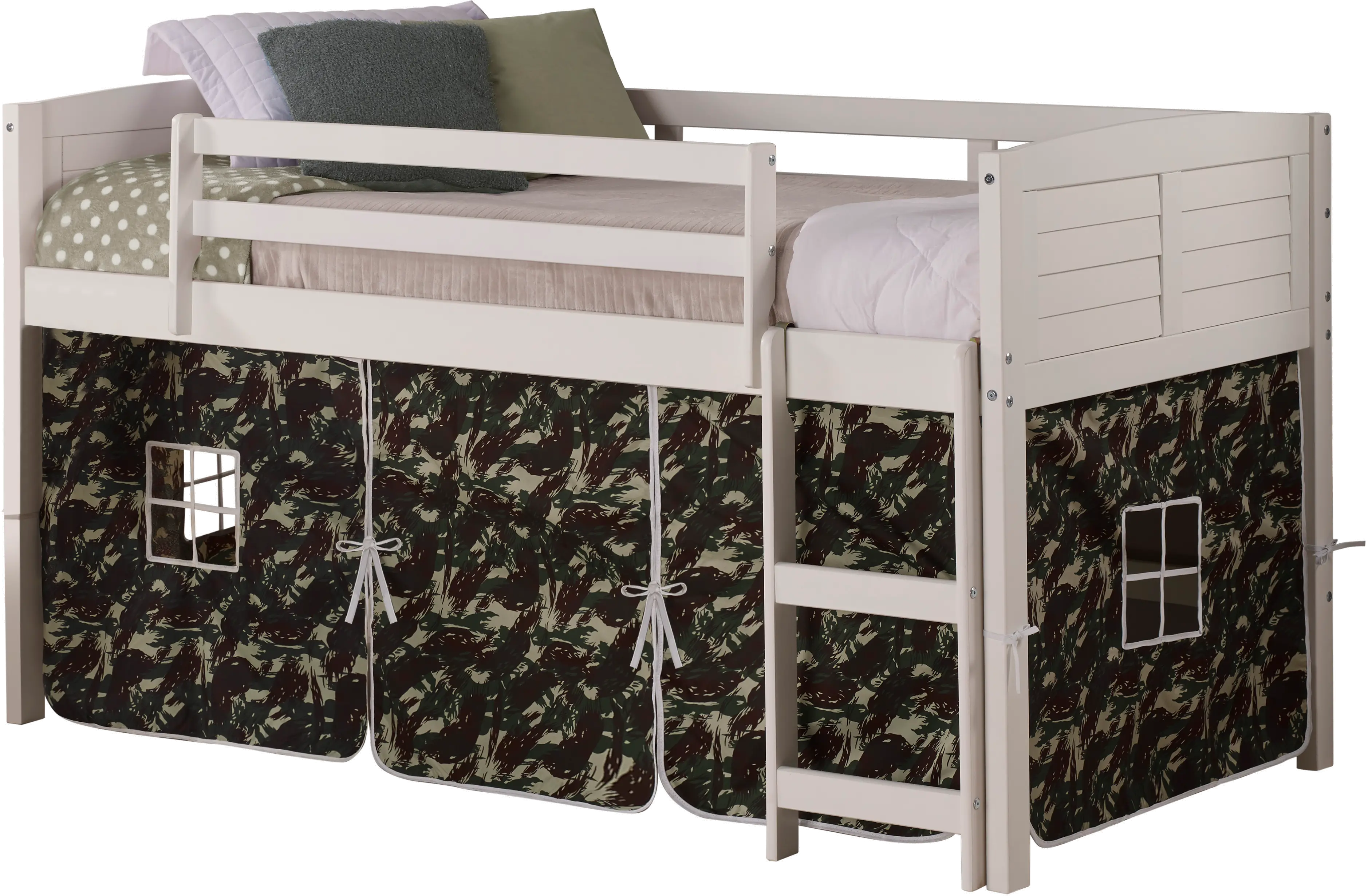 Louver White Twin Loft Bed with Camo Tent