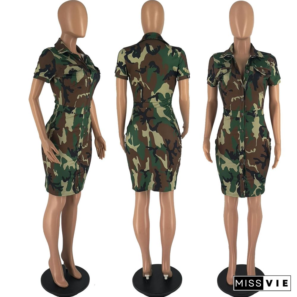 Camouflage Print Short Sleeve Midi Dresses