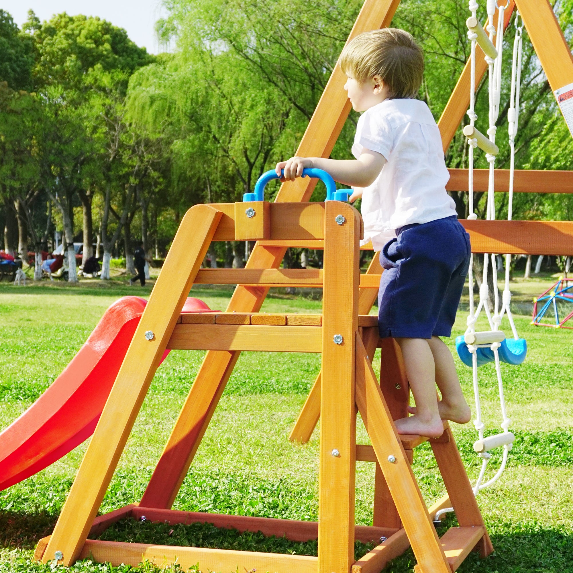 KUUFER Solid Wood Swing Set with Slide， Outdoor Climb and Swing Play Structure for Toddlers