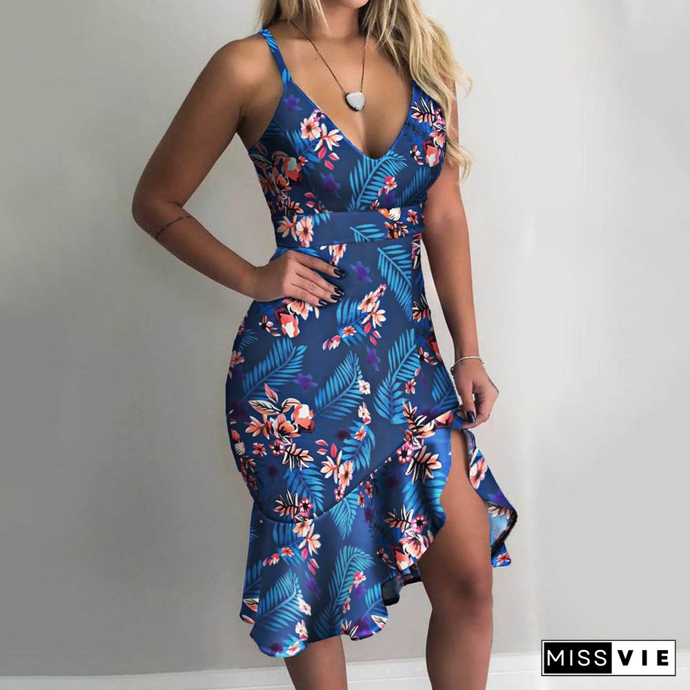 Printed Low-cut Sling V-neck Ruffled Hip Dress