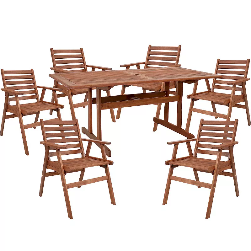 Sunnydaze Meranti Wood 7-Piece Patio 6 ft Dining Table and Chairs Set