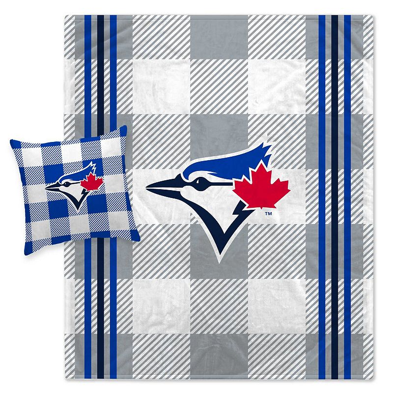 Pegasus Toronto Blue Jays Gray Plaid Stripes Blanket and Pillow Combo Set