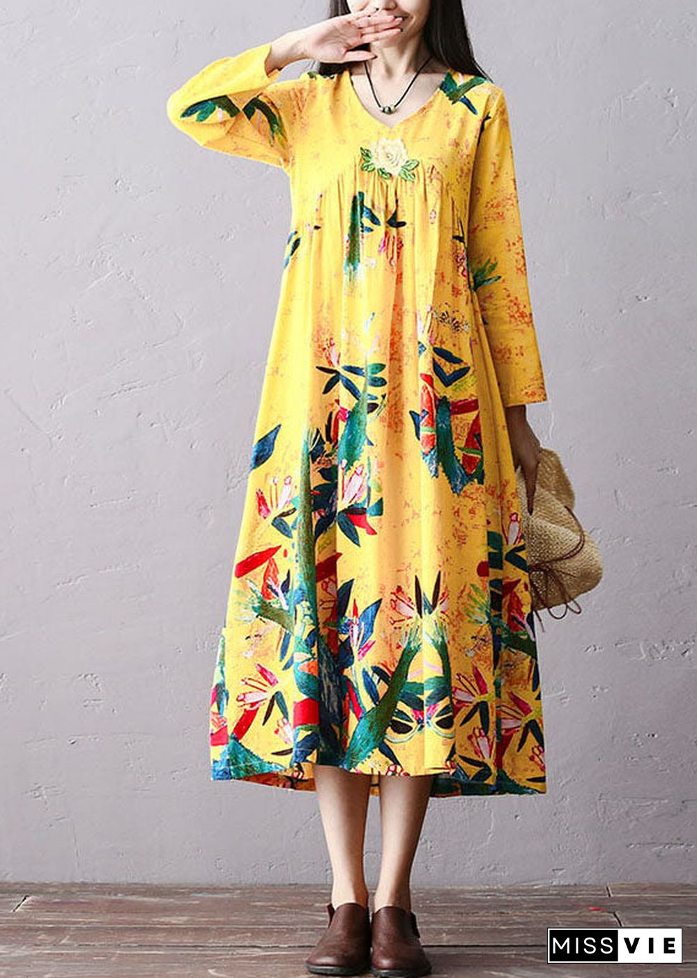 Italian Yellow Wrinkled Embroideried Print Cotton Long Dress Long Sleeve