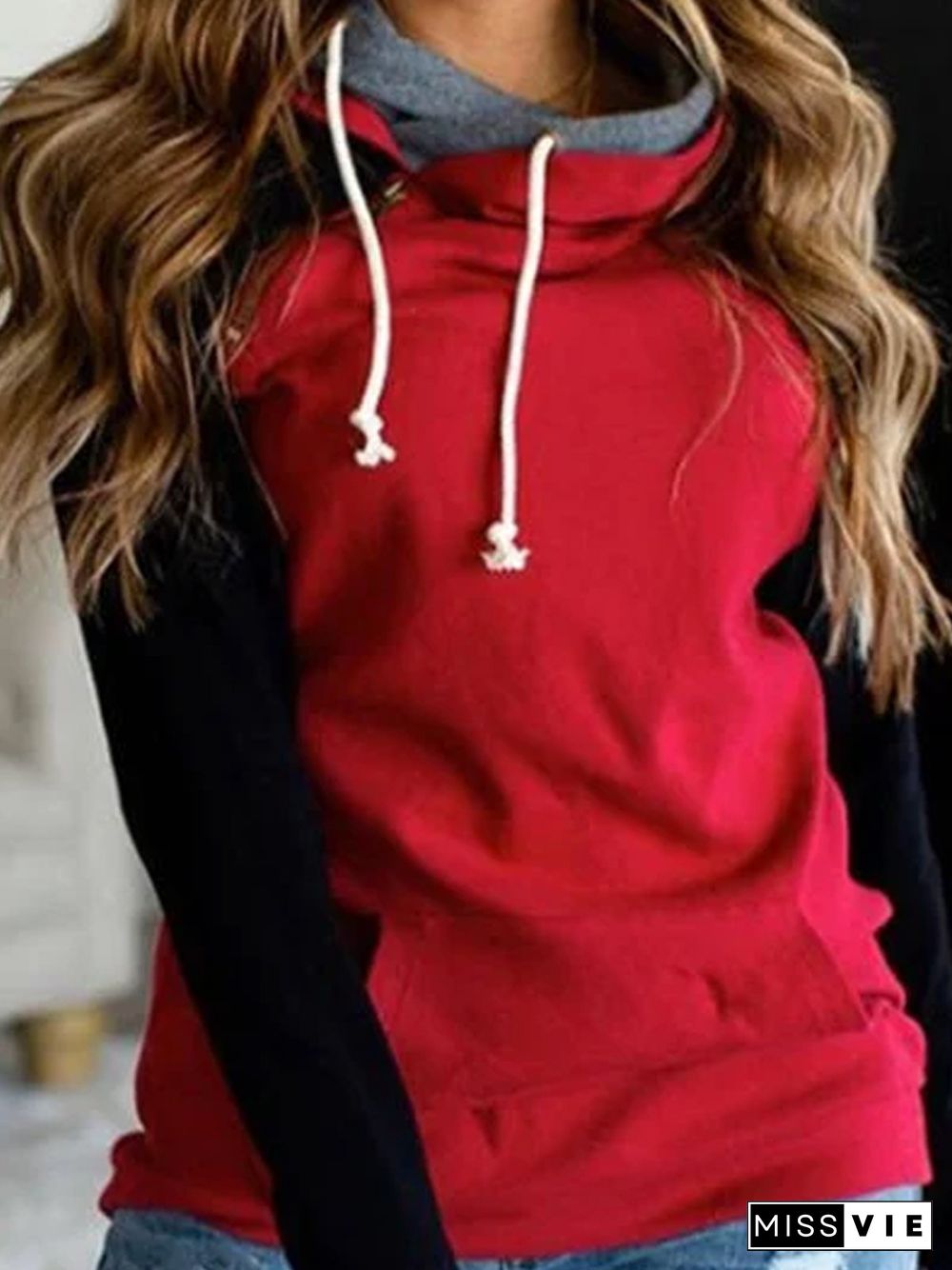 Red Casual Patchwork Long Sleeve Sweatshirts