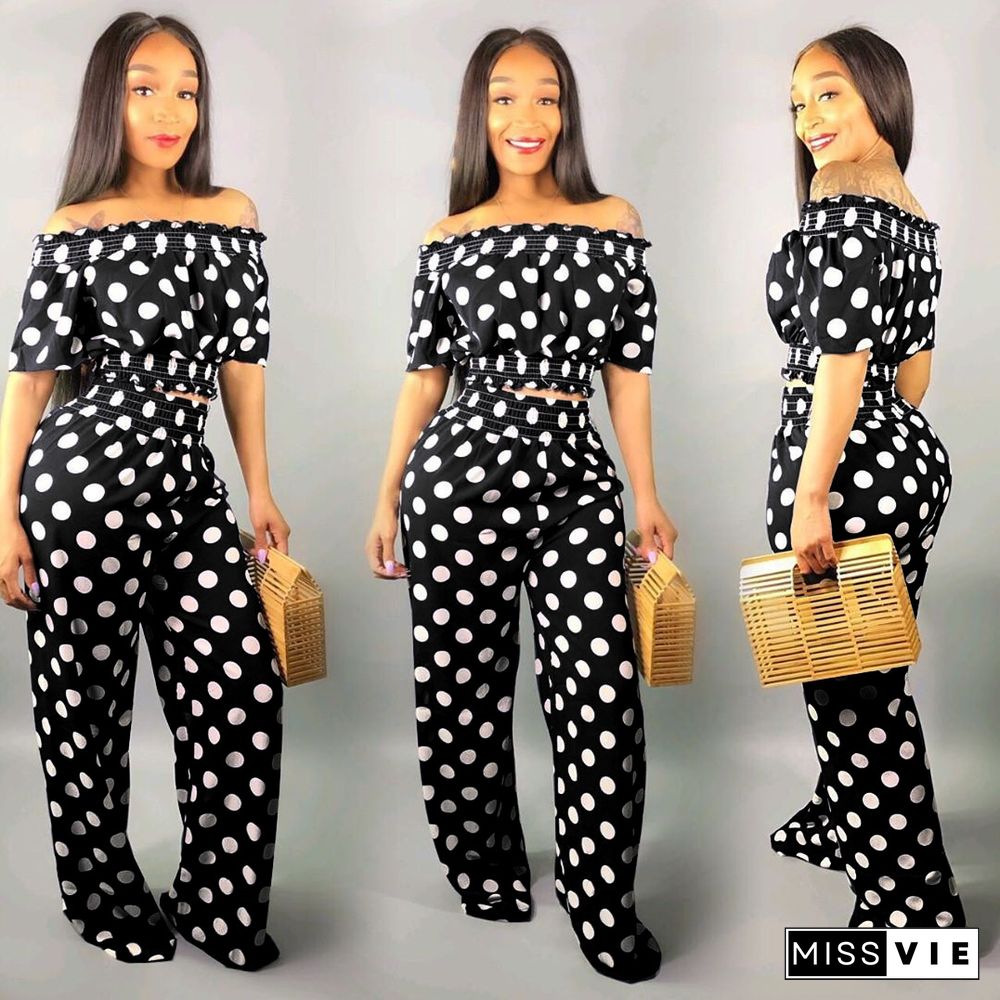 Stylish Off Shoulder Polka-dot Top Wide-leg Pants 2 Piece Set