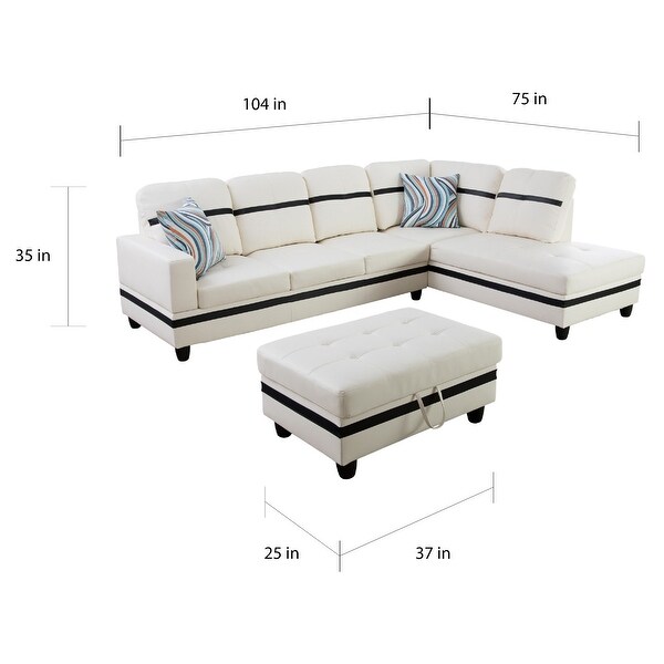 White Faux Leather Right-facing 3-piece Sectional Set