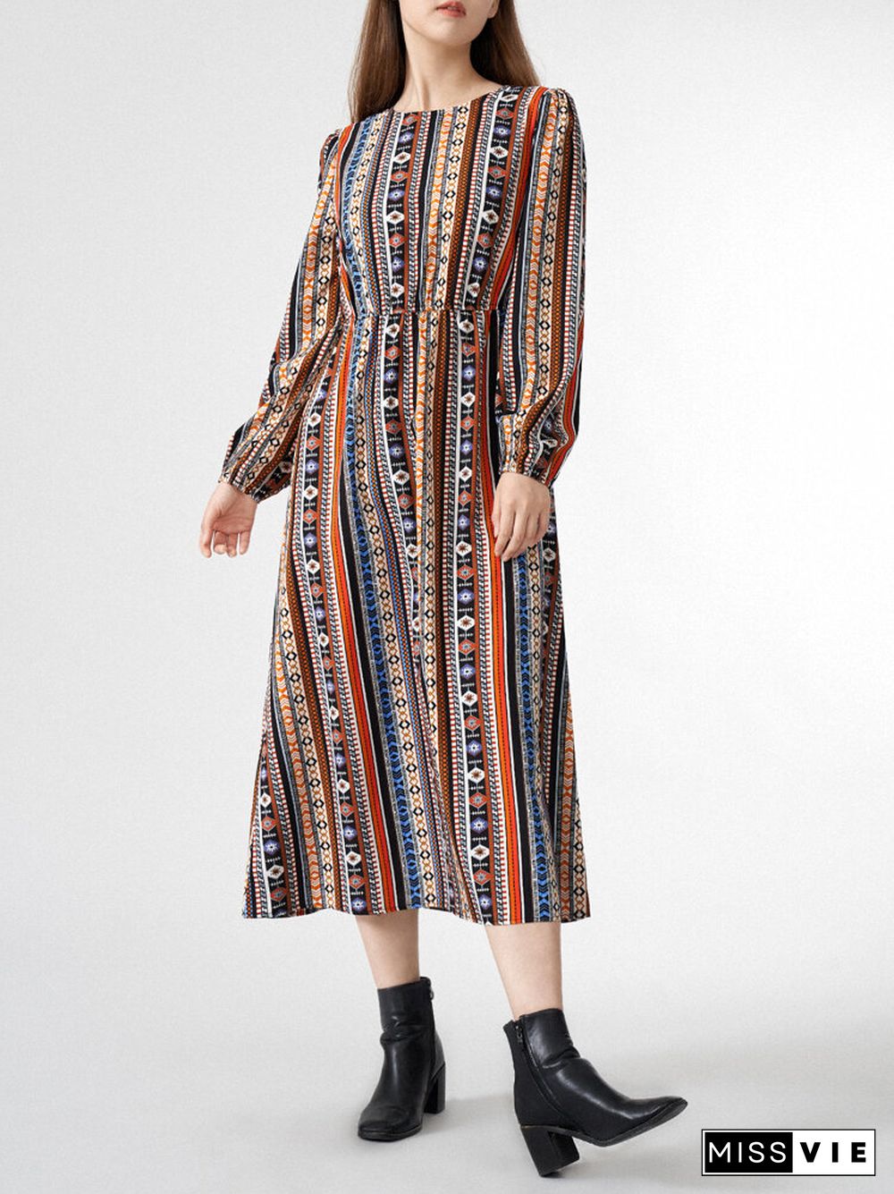 Tribal Pattern Long Sleeve Crew Neck Dress For Women