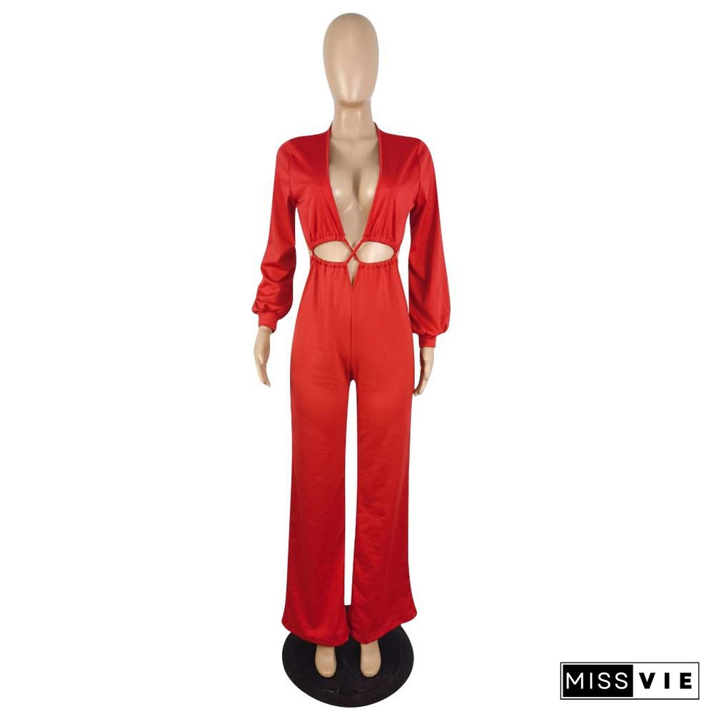 Low Cut Deep V Hollow Out Wide Leg Jumpsuit