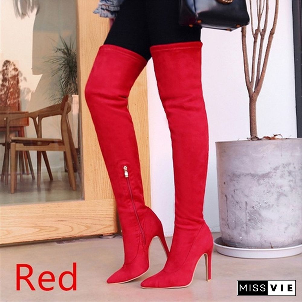 Women Winter Warm Long Boots Faux Suede Slim Thigh High Heels Fashion Over The Knee Boots