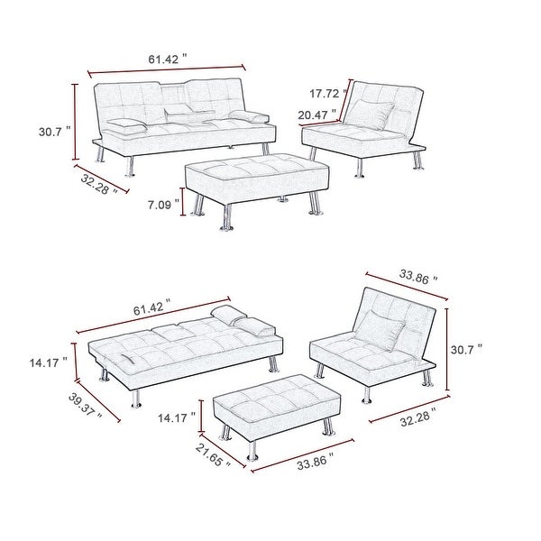 3 Pcs Sets Fabric Folding Sofa Bed with 2 Cup Holders， Removable Armrest and Metal Legs， Single Sofa Bed with Ottoman