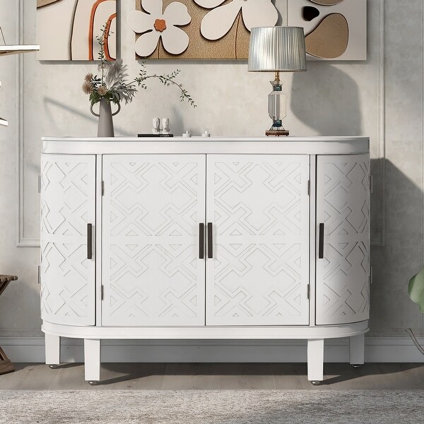 White Wooden Entryway Storage Cabinet with Antique Pattern Doors