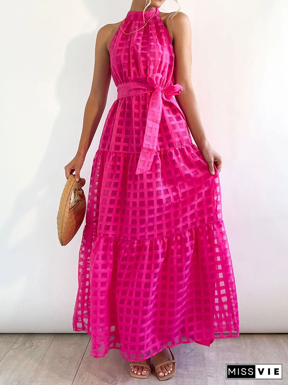 Loose Sleeveless Plaid Ribbed Stand Collar Maxi Dresses