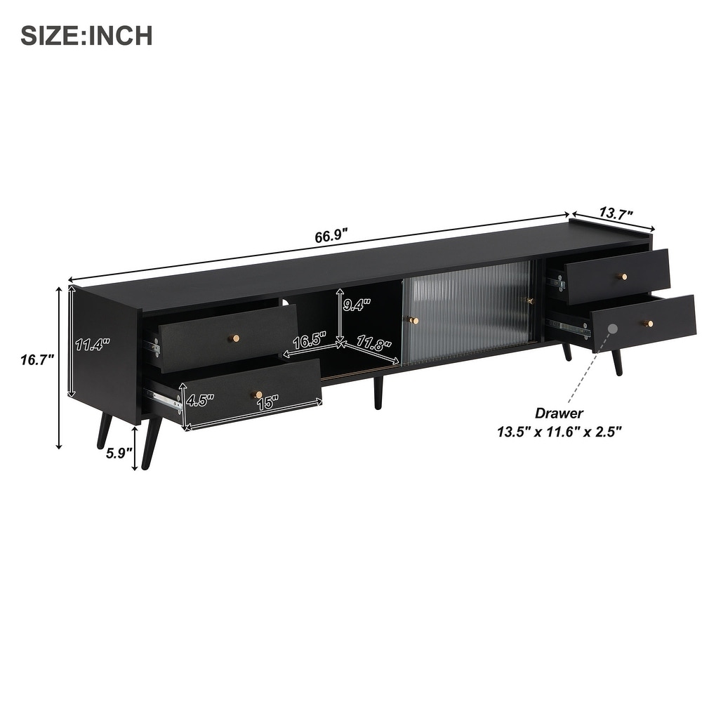 TV Stand with Sliding Fluted Glass Doors  Slanted Drawers Media Console for TVs Up to 70\