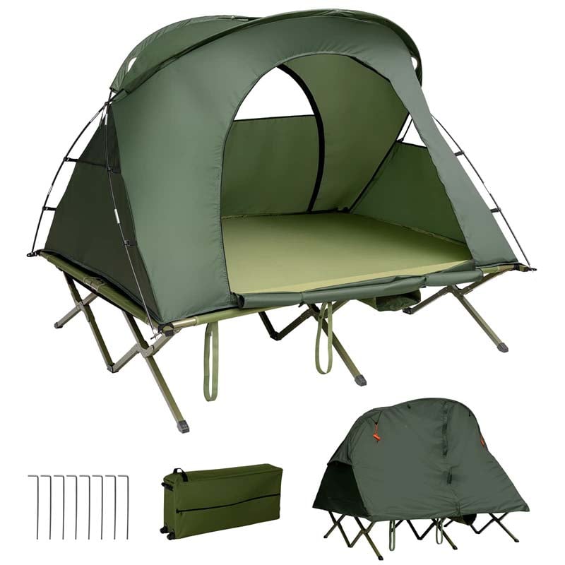 2-Person 4-in-1 Camping Cot Tent Off-Ground Elevated Folding Tent with Cover, Mattress & Roller Carrying Bag