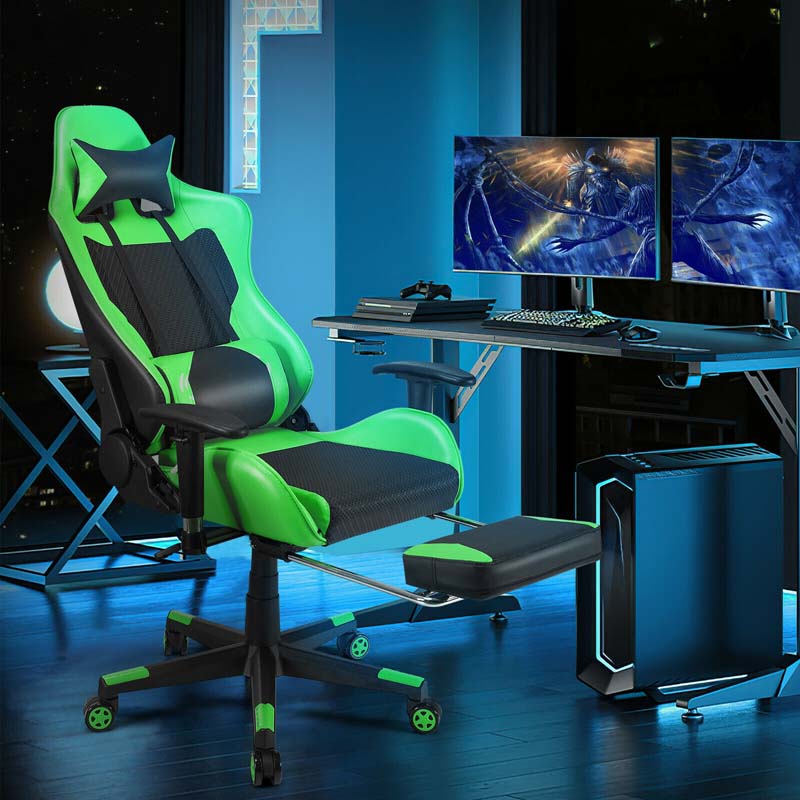 High Back E-Sport Massage Gaming Chair with Footrest & Headrest, Ergonomic PU Leather Gaming Seat, Video Game Chair Computer Chair