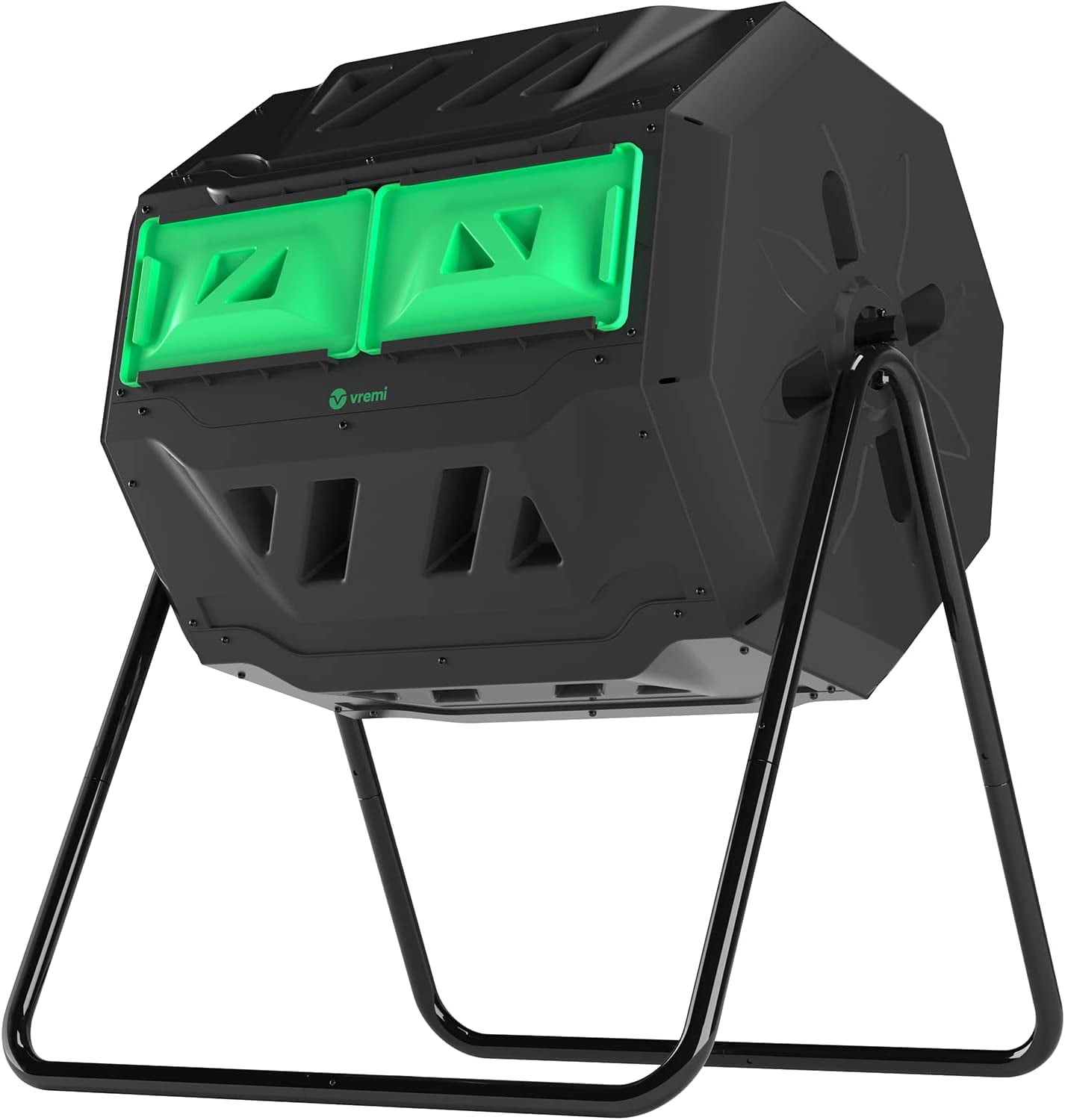 Vremi Tumbling Outdoor Compost Bin – Dual Chamber 360° UV Proof and Rust Proof 42 gal with Secure Sliding Doors – All Season Composter with Aeration System