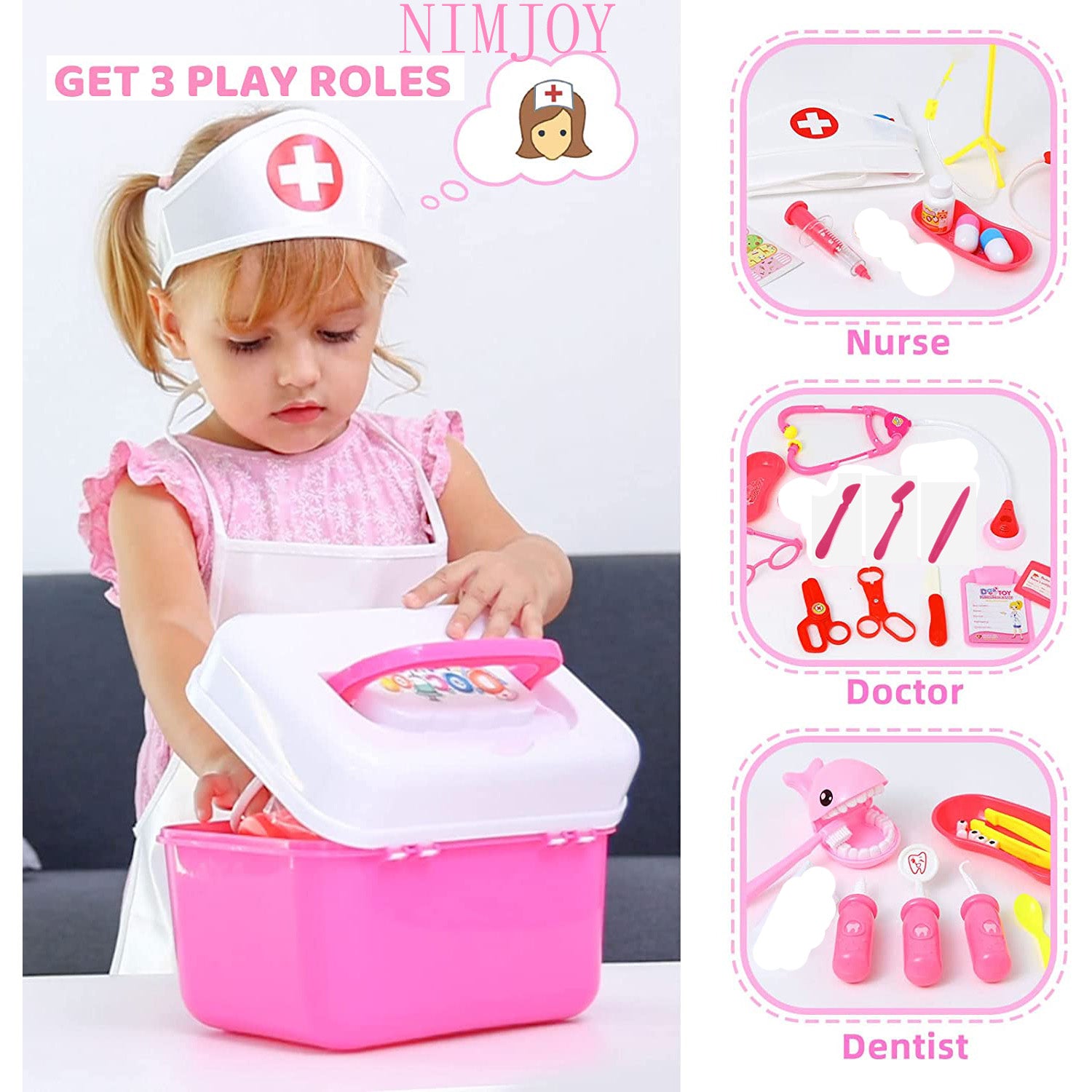 NimJoy Preschool Toys Doctor Play Set W/Case and Doll Medical Kit for Kids 3Y+, Pretend-N-Play Doctor Set Gift to Toddler Boys and Girls, 41PCS Pink