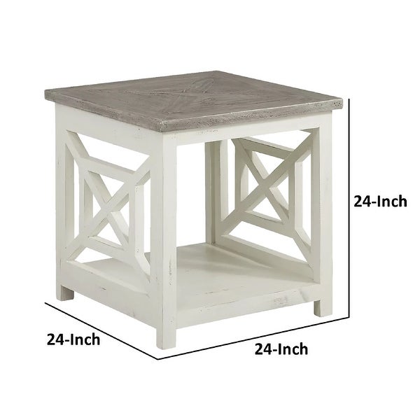 Solid Wood Farmhouse End Table with X Shape Side Panels， White and Brown