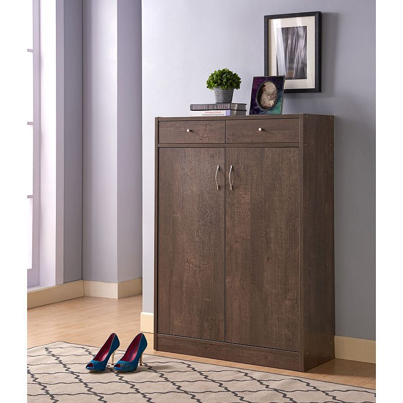 FC Design Walnut Oak Shoe Cabinet with 2 Top Drawers Organizer with Spacious Top