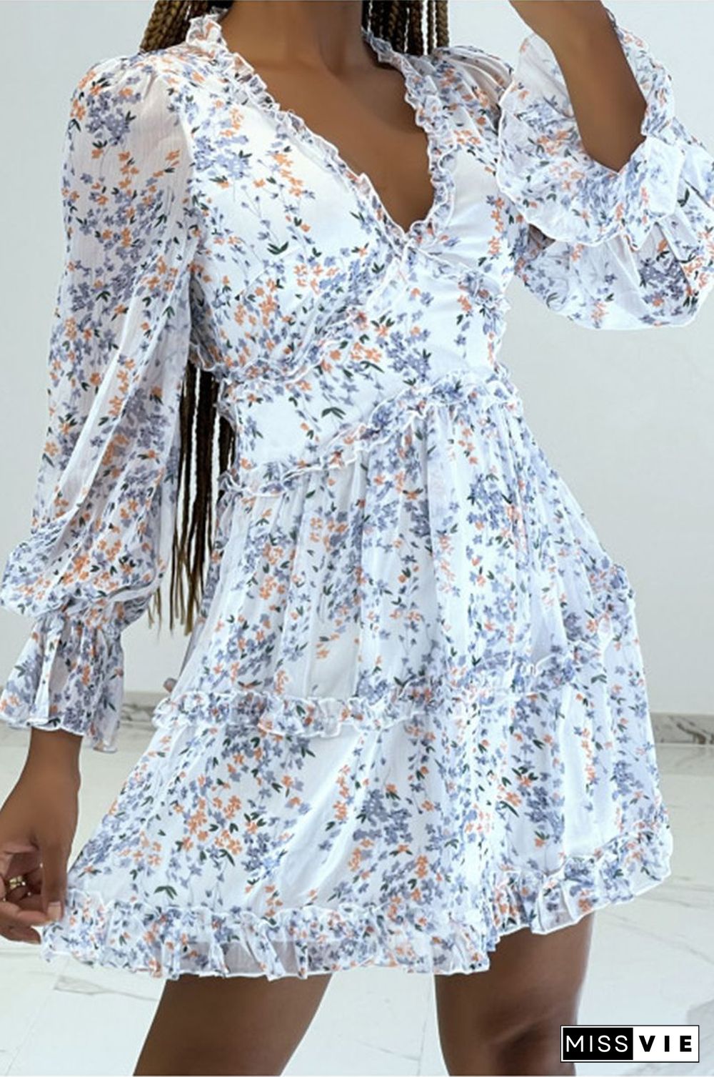 Ditsy Floral Prints Ruffle Edge Tiered Long Sleeve Boho Dress