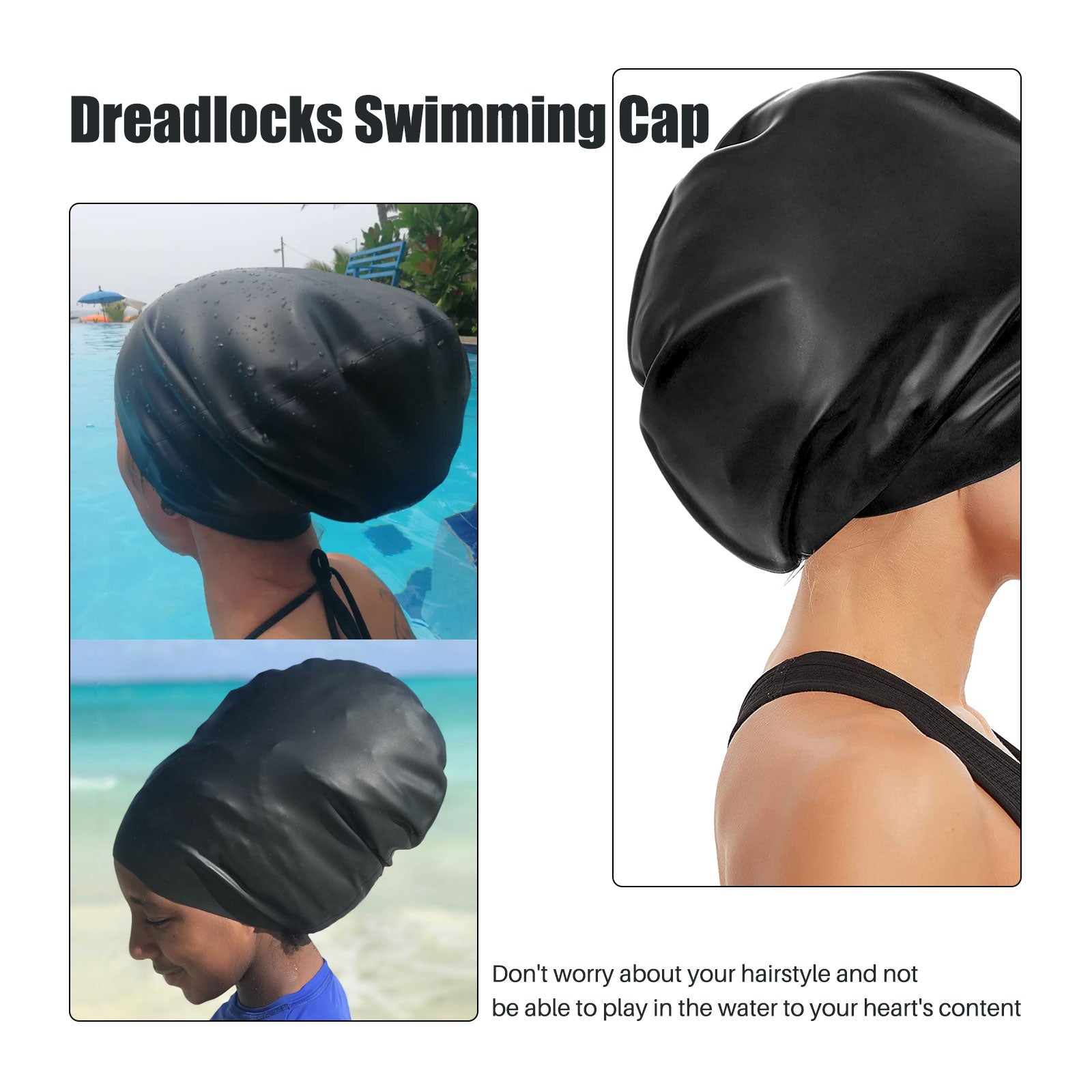 Long Hair Swim Cap Black Large Silicone Waterproof Swimming Cap for Dreadlock