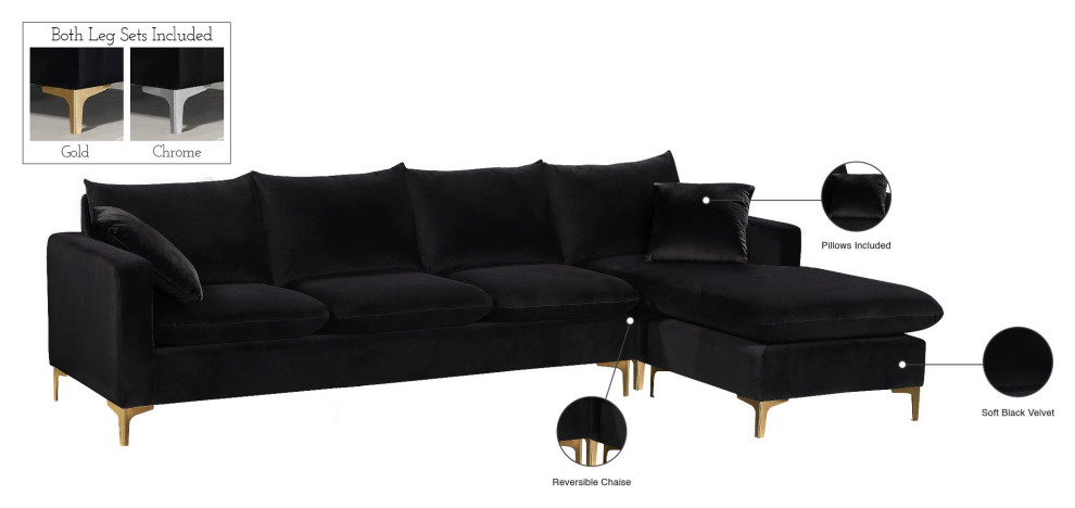 NaomiVelvet Upholstered Sectional / Ottoman Set   Midcentury   Sectional Sofas   by Meridian Furniture  Houzz