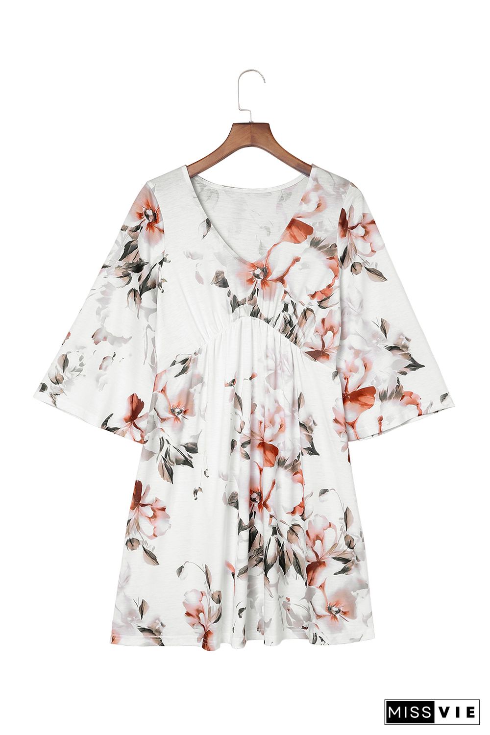 White V Neck 3/4 Sleeve Floral Dress