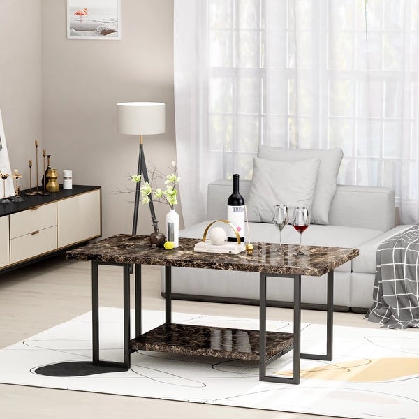 2 -Tier Rectangle Coffee Table， Black Base and Faux Marble Table top for Living Room， Double Metal Leg Design